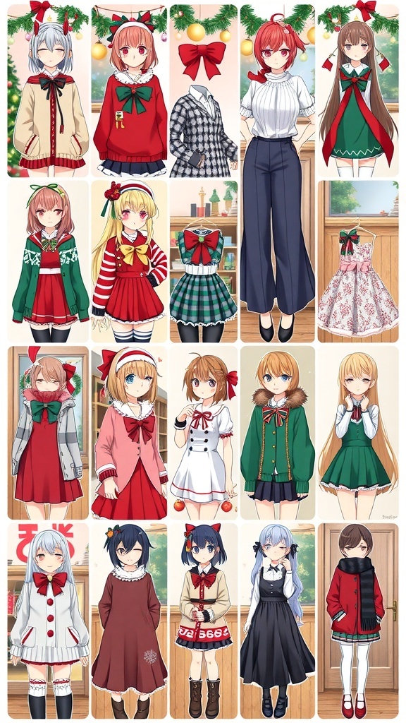 A collection of anime-inspired Christmas outfits including dresses, sweaters, and accessories in a festive setting.